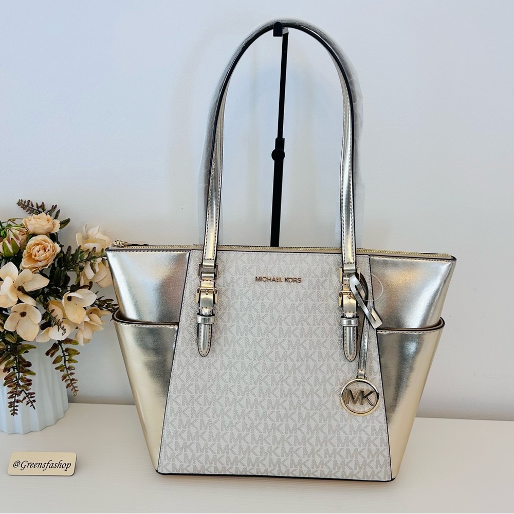 Michael Kors Charlotte Top Zip Tote shoulder bag pale gold